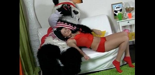  Sexy brunette girl in red tempts Panda